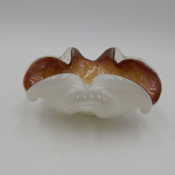 Murano Cased Glass Gold Fleck Flower Tri-Petal Ashtray Cigar Trinket Dish Bubble - Picture 4 of 11